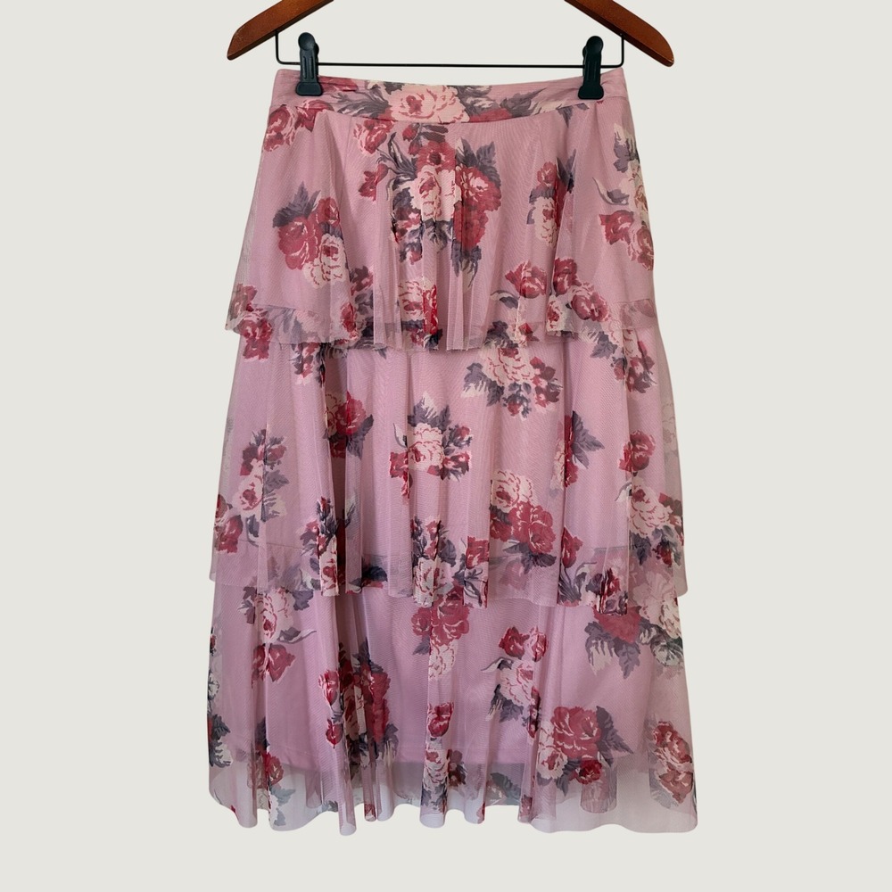 Truly 4 You Fall Pink Floral Mesh Tiered Midi Skirt Rose Print Ruffle S Boho